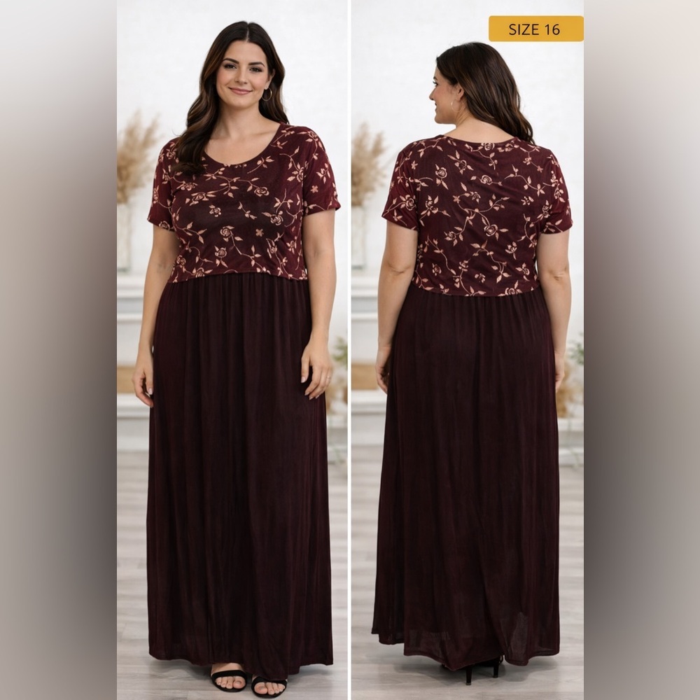Byer studio Plus Size Wine Floral Maxi Dress size 16 pit to pit 21in length 55in